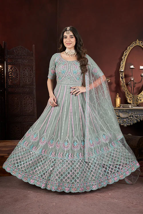 Pista Net Gown with Embroidered, Fancy, Mirror and Thread Work