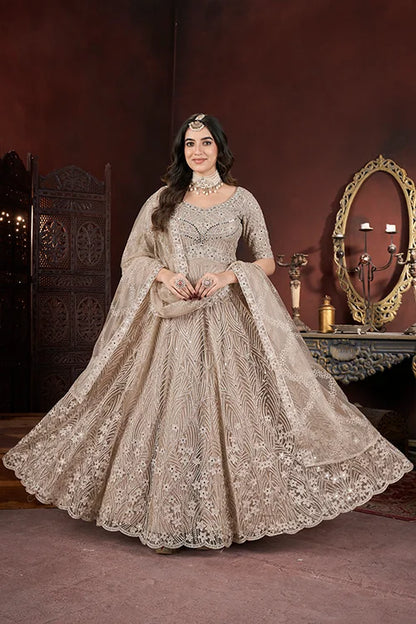 Charming Chiku Color Thread Embroidery With Zarkan And Mirror Work Gown
