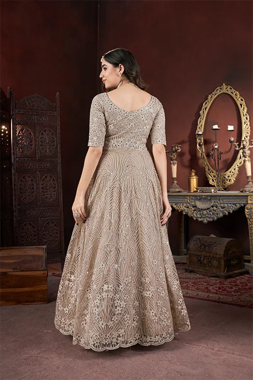 Charming Chiku Color Thread Embroidery With Zarkan And Mirror Work Gown