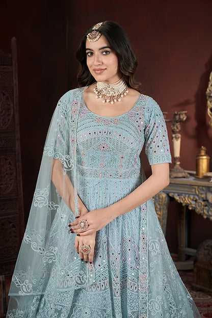 Sky Blue Sparkle Thread Embroidery With Zarkan And Mirror Work Gown
