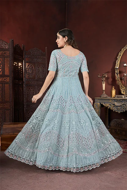 Sky Blue Sparkle Thread Embroidery With Zarkan And Mirror Work Gown