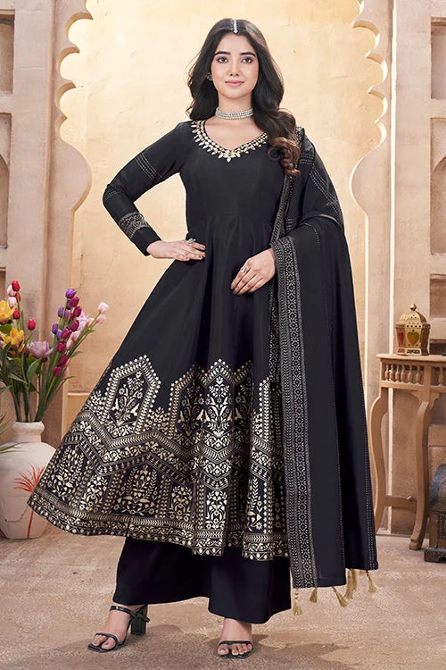 Black Roman Silk Foil Print with Mirror Work Suit For Festive