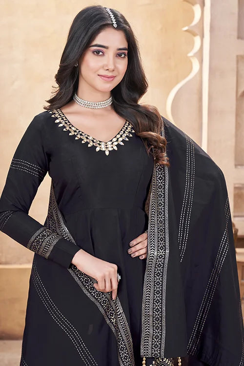 Black Roman Silk Foil Print with Mirror Work Suit For Festive
