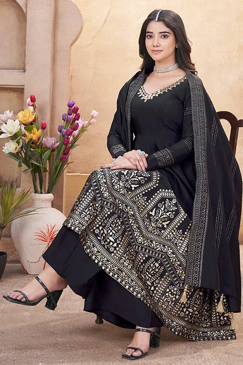 Black Roman Silk Foil Print with Mirror Work Suit For Festive
