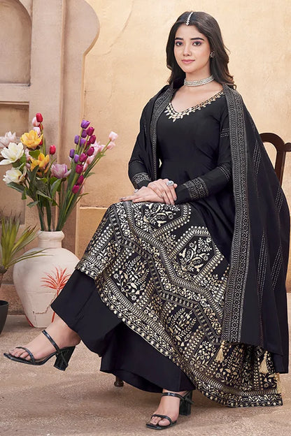 Black Roman Silk Foil Print with Mirror Work Suit For Festive