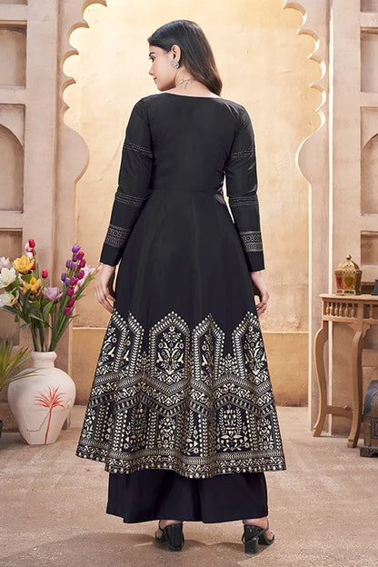 Black Roman Silk Foil Print with Mirror Work Suit For Festive
