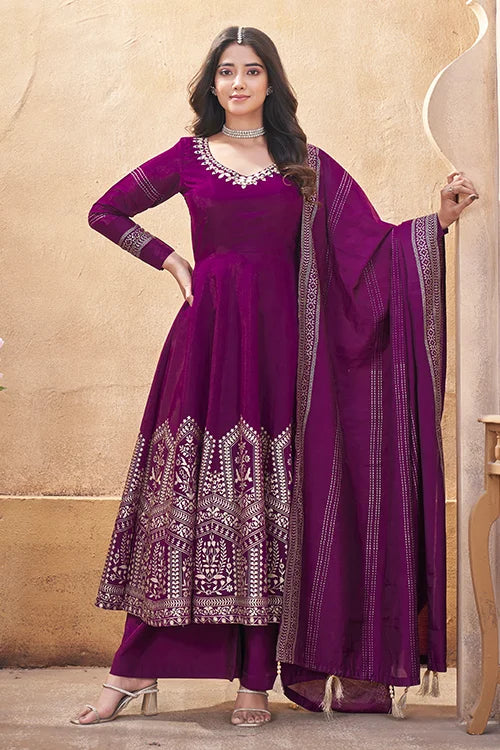 Purple Roman Silk Foil Print with Mirror Work Suit For Festive
