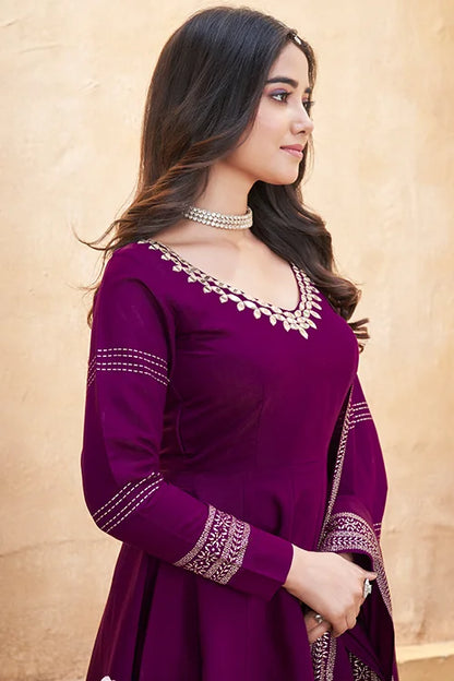 Purple Roman Silk Foil Print with Mirror Work Suit For Festive