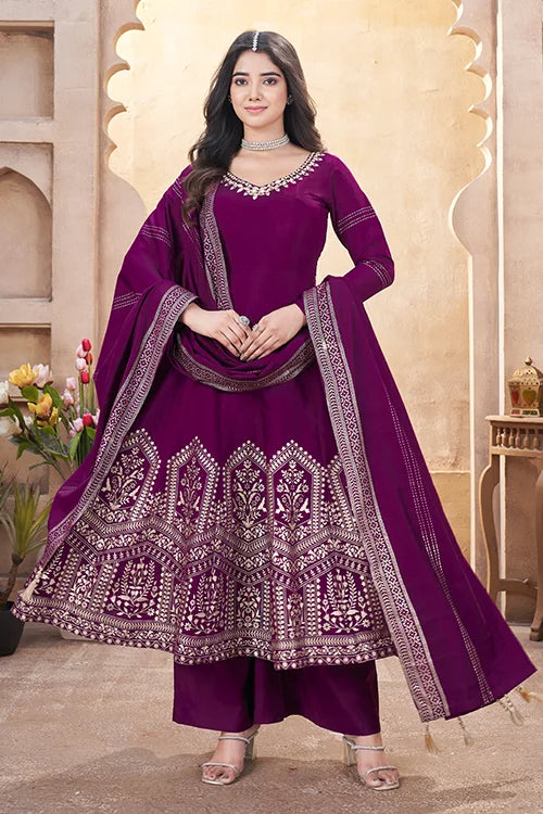 Purple Roman Silk Foil Print with Mirror Work Suit For Festive