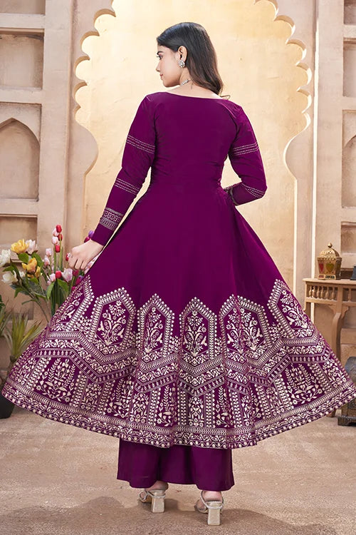 Purple Roman Silk Foil Print with Mirror Work Suit For Festive