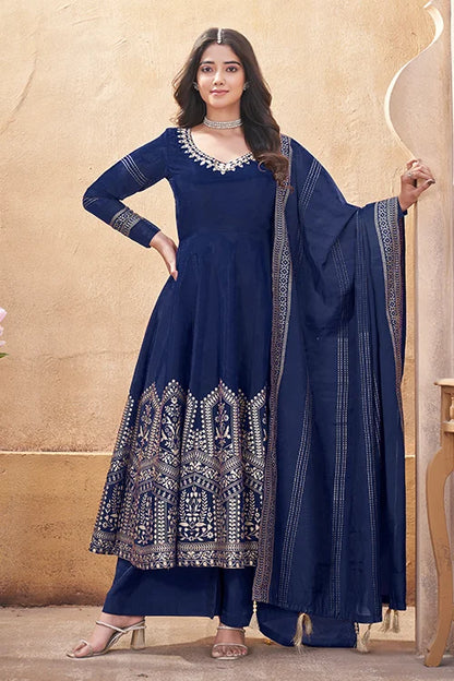 Navy Blue Roman Silk Foil Print with Mirror Work Salwar Suit For Festive