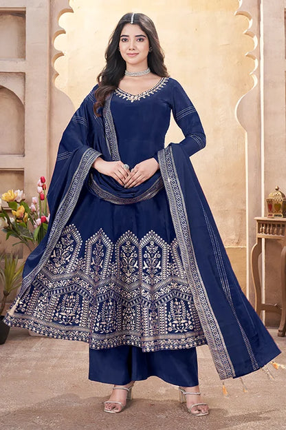Navy Blue Roman Silk Foil Print with Mirror Work Salwar Suit For Festive