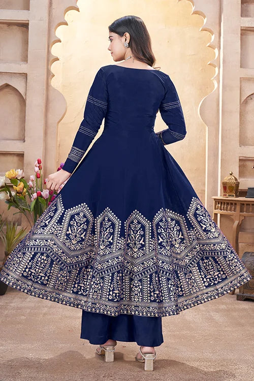 Navy Blue Roman Silk Foil Print with Mirror Work Salwar Suit For Festive