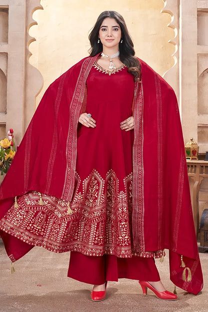 Red Roman Silk Foil Print with Mirror Work Salwar Suit For Festive