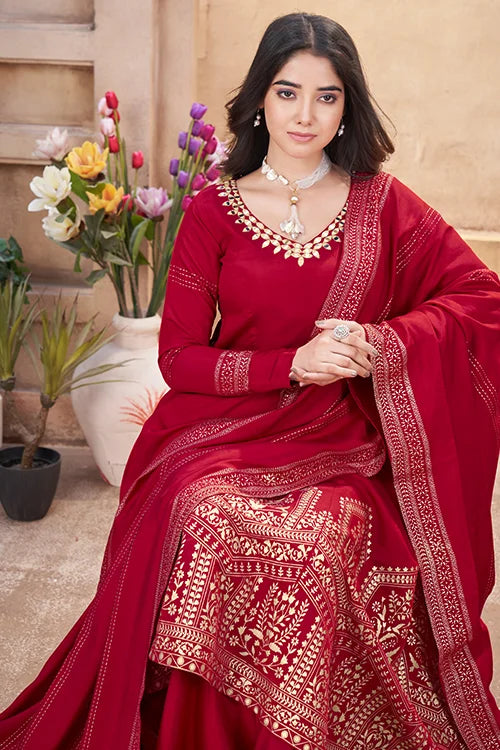 Red Roman Silk Foil Print with Mirror Work Salwar Suit For Festive