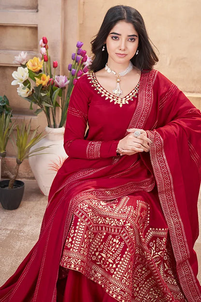 Red Roman Silk Foil Print with Mirror Work Salwar Suit For Festive