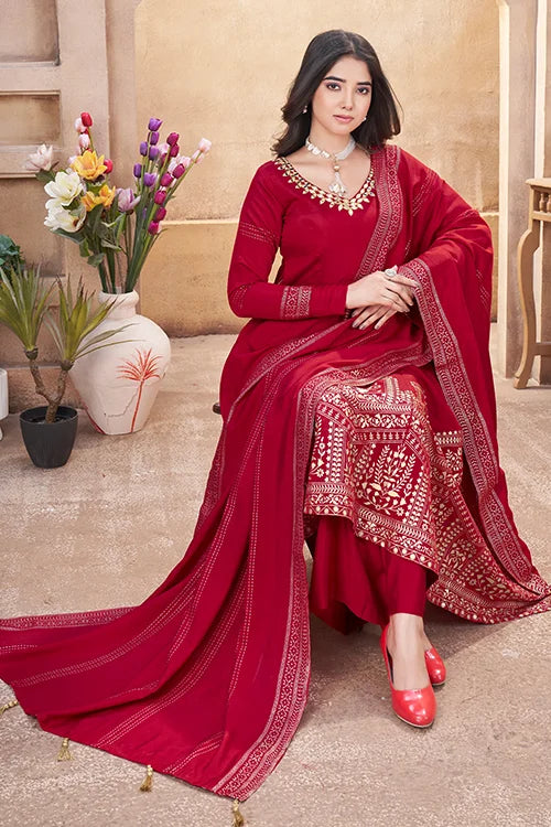 Red Roman Silk Foil Print with Mirror Work Salwar Suit For Festive