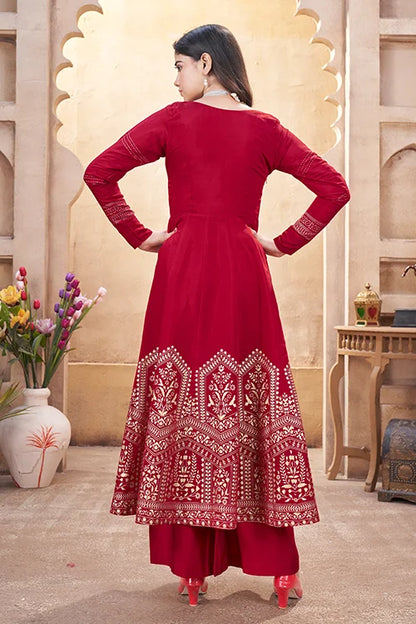 Red Roman Silk Foil Print with Mirror Work Salwar Suit For Festive