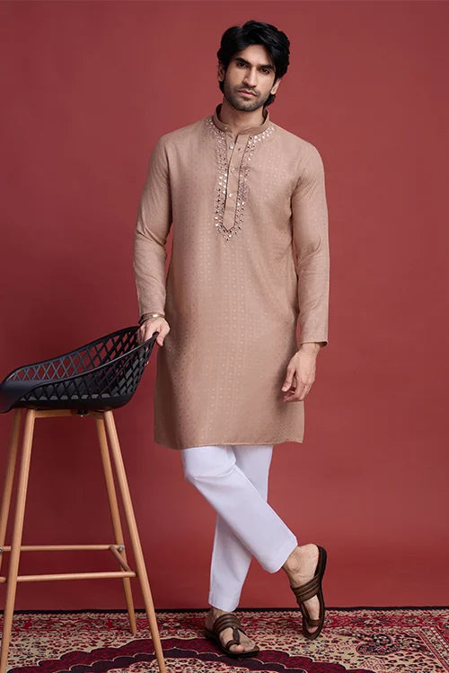 Men’s Classic Beige Self Weaving Mirror Work Men’s Kurta