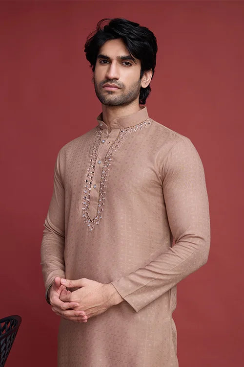 Men’s Classic Beige Self Weaving Mirror Work Men’s Kurta