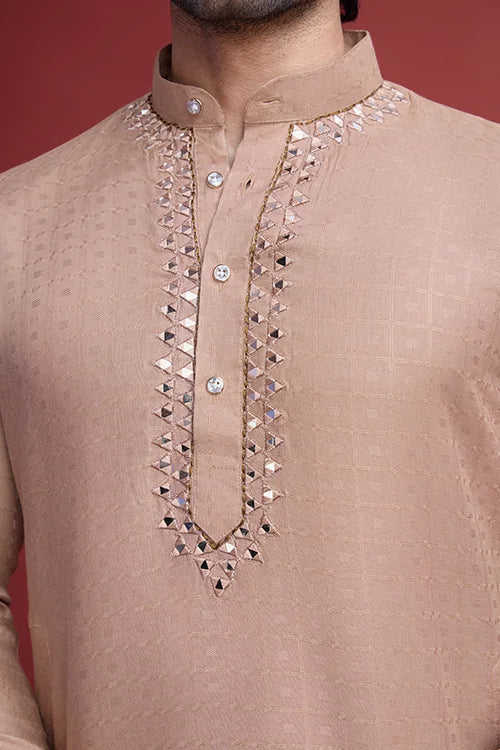Men’s Classic Beige Self Weaving Mirror Work Men’s Kurta