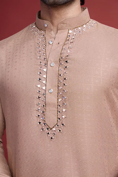 Men’s Classic Beige Self Weaving Mirror Work Men’s Kurta