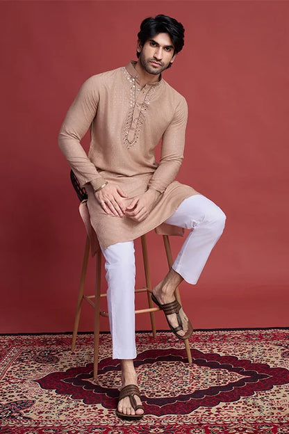 Men’s Classic Beige Self Weaving Mirror Work Men’s Kurta