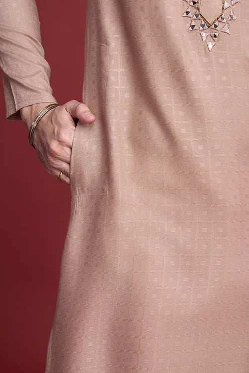 Men’s Classic Beige Self Weaving Mirror Work Men’s Kurta