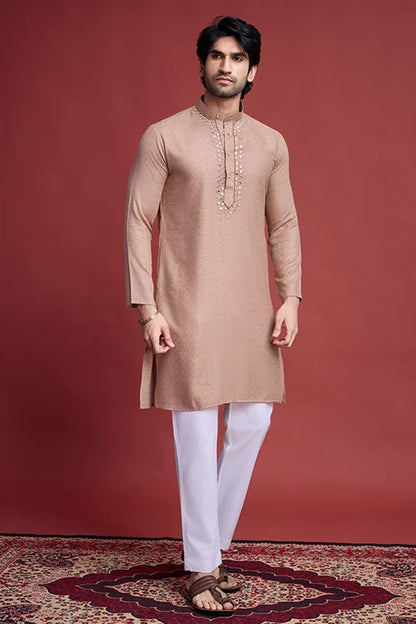 Men’s Classic Beige Self Weaving Mirror Work Men’s Kurta