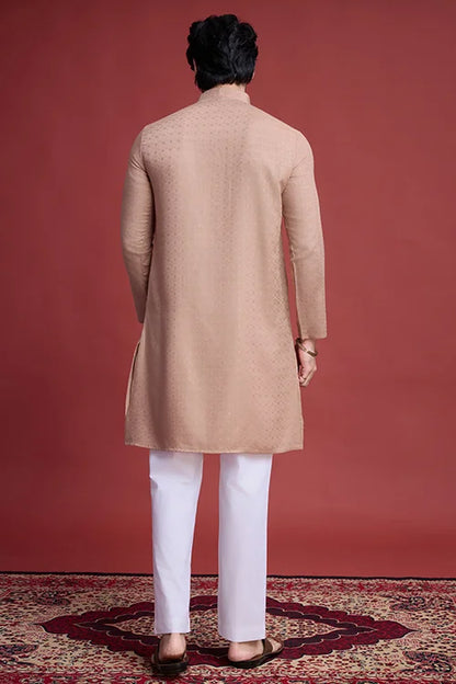 Men’s Classic Beige Self Weaving Mirror Work Men’s Kurta