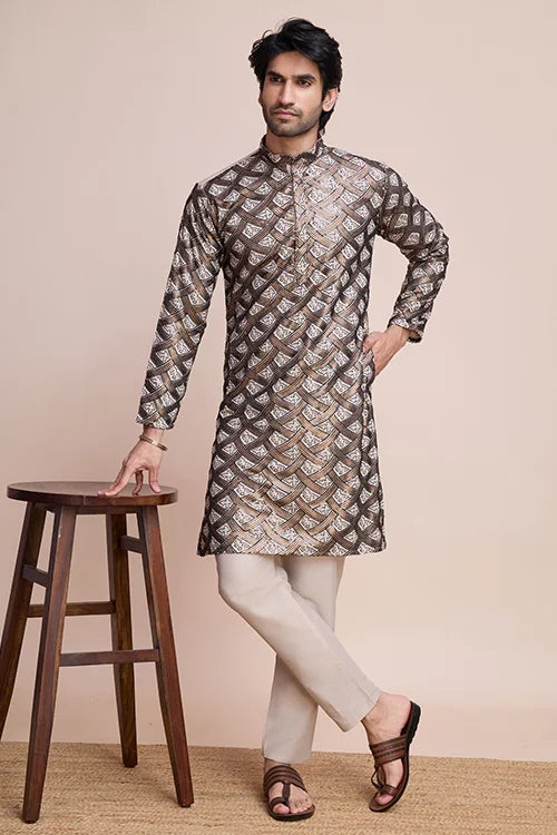 Beige Festival Men's Thread Work Silk Kurta