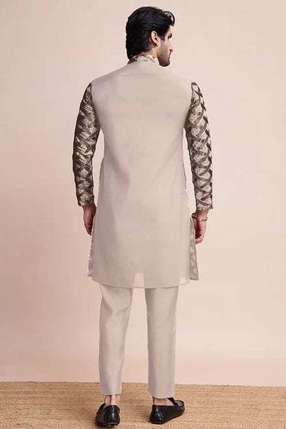 Beige Festival Men's Thread Work Silk Kurta