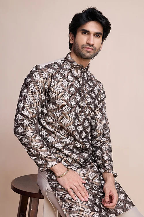 Beige Festival Men's Thread Work Silk Kurta