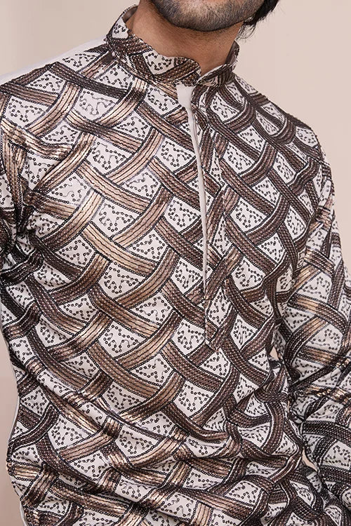 Beige Festival Men's Thread Work Silk Kurta