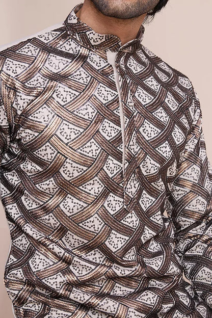 Beige Festival Men's Thread Work Silk Kurta