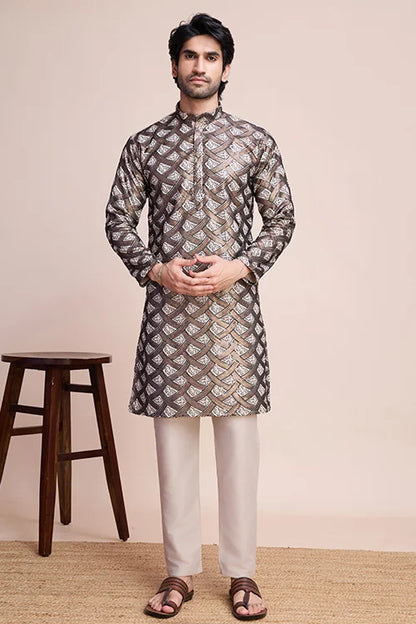 Beige Festival Men's Thread Work Silk Kurta