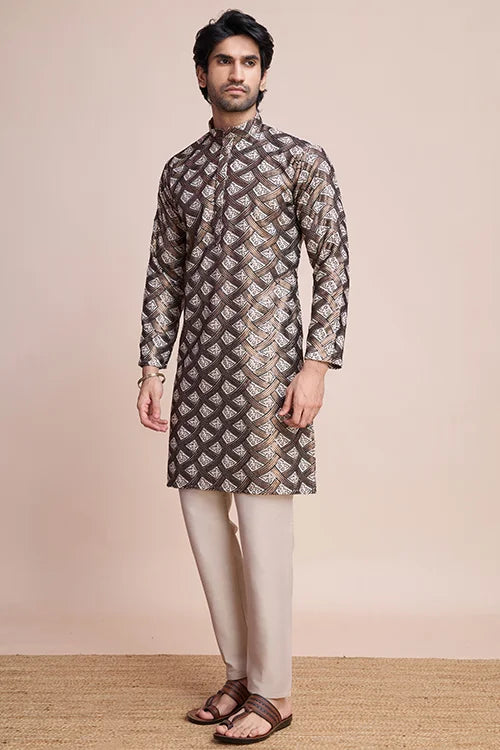 Beige Festival Men's Thread Work Silk Kurta