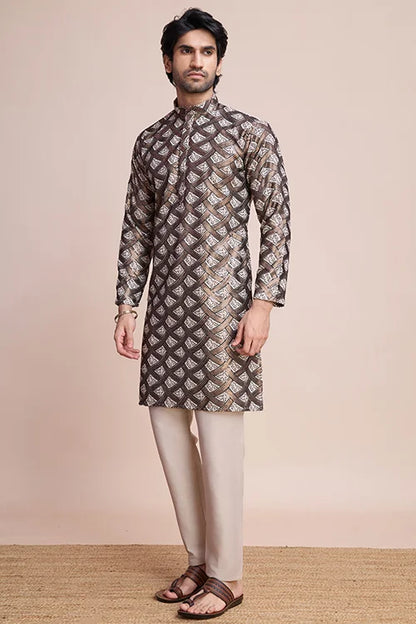 Beige Festival Men's Thread Work Silk Kurta