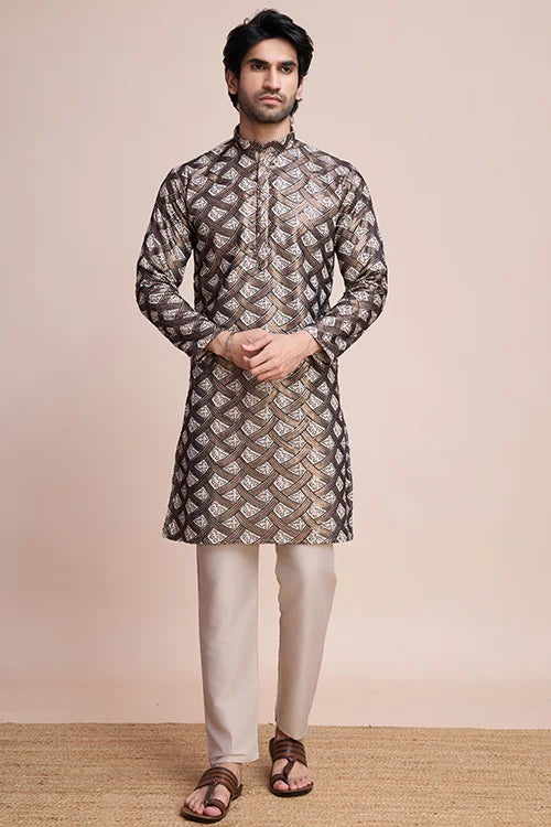 Beige Festival Men's Thread Work Silk Kurta