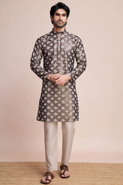 Beige Festival Men's Thread Work Silk Kurta