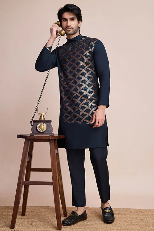 Men's Navy Blue Embroidery Work Silk Special Sangeet Events Kurta