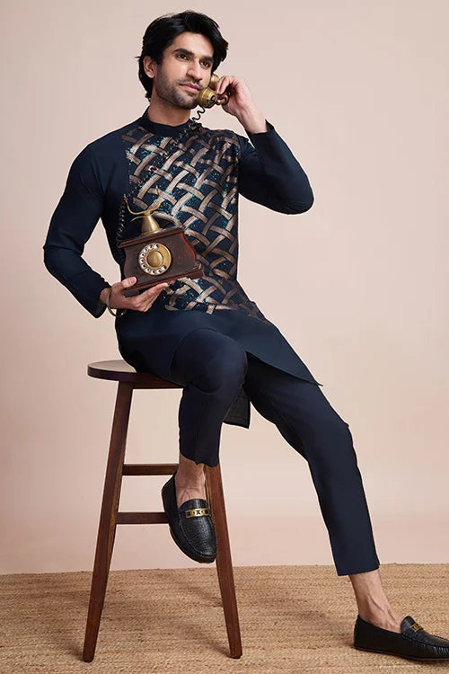 Men's Navy Blue Embroidery Work Silk Special Sangeet Events Kurta