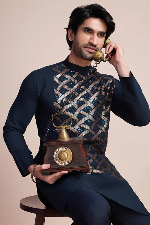 Men's Navy Blue Embroidery Work Silk Special Sangeet Events Kurta