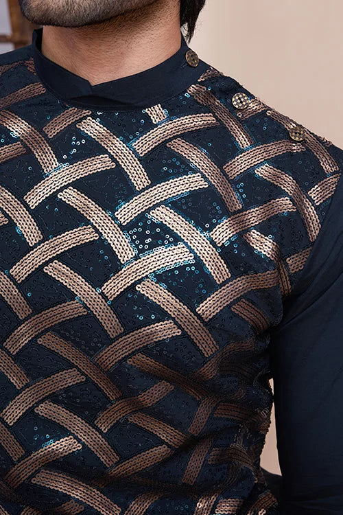 Men's Navy Blue Embroidery Work Silk Special Sangeet Events Kurta