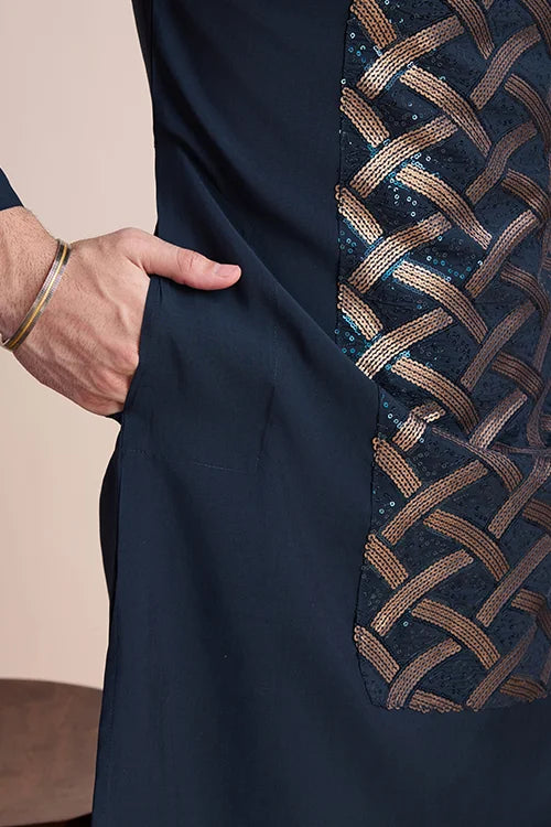 Men's Navy Blue Embroidery Work Silk Special Sangeet Events Kurta