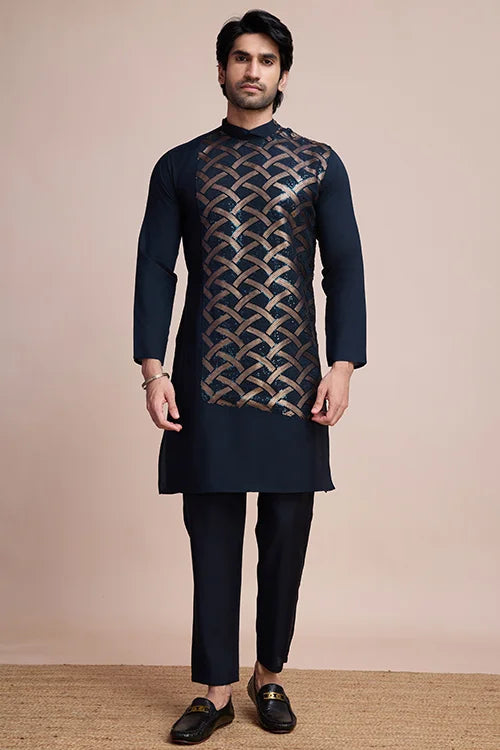 Men's Navy Blue Embroidery Work Silk Special Sangeet Events Kurta