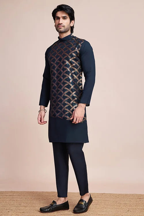 Men's Navy Blue Embroidery Work Silk Special Sangeet Events Kurta