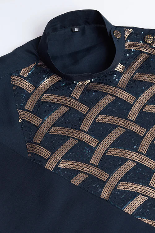 Men's Navy Blue Embroidery Work Silk Special Sangeet Events Kurta
