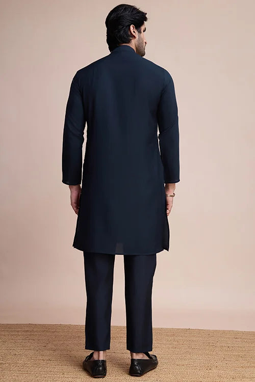 Men's Navy Blue Embroidery Work Silk Special Sangeet Events Kurta