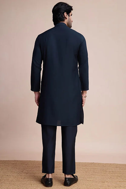Men's Navy Blue Embroidery Work Silk Special Sangeet Events Kurta
